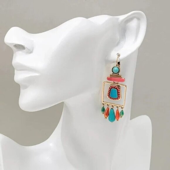 NEW Drop Dangle Earrings Colorful Turquoise Goldtone Women jewelry gift Boho - Picture 1 of 4